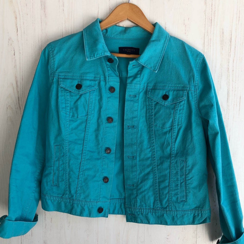 Talbots turquoise jean jacket M P petite